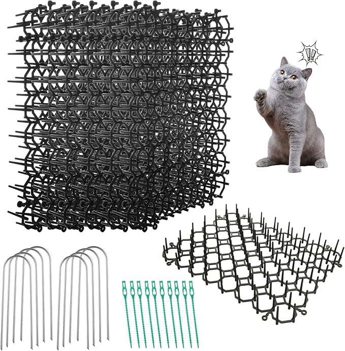 24PCS Scat Mat for Cats Indoor 8”x6” Scat Mats for Dogs Cat Scat Mat with Spikes Outdoor Cat Deterrent Mat with Staple & Tie Cat Repellent Mat Cat Spike Mat Keep Dogs Off Couch Counter Garden