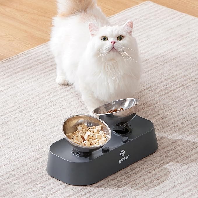 Raised Cat Food and Water Bowls with 3 Height for Indoor Cats, 15° Tilted in Both Ways Elevated Base Anti Vomiting Cat Dishes, Anti Spill for Puppies