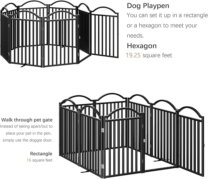 BHG Metal No-Assembly Freestanding Dog Gate with Door Walk Through, Extra Wide 96", Extra Tall 32" Pet Gate, Accordion Puppy Folding Playpen Dog Fence, with 4PCS Support (Black, 8 Panels)