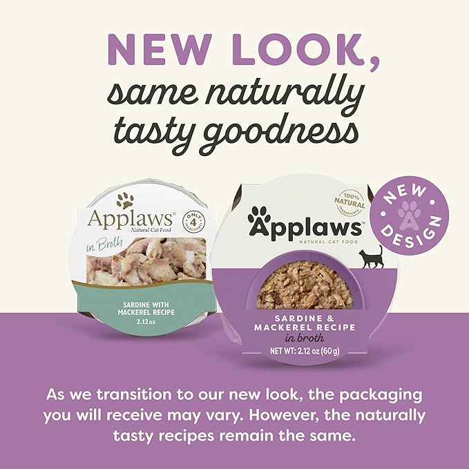 Applaws Natural Wet Cat Food in Broth, Limited and Natural Ingredients, High Protein with No Artificial Additives, Sardine & Mackerel in Broth (10 x 2.12 oz Easy-Open Cups)
