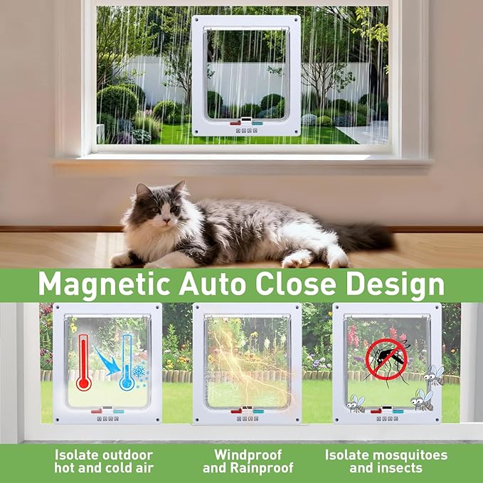 Cat Door for Window, Fits 14"-24" Width Window, Cat Window Door with 4 Locking Modes, Weatherproof Window Cat Door Insert, Magnetic Closure, Easy Installation, Clear Plexiglass