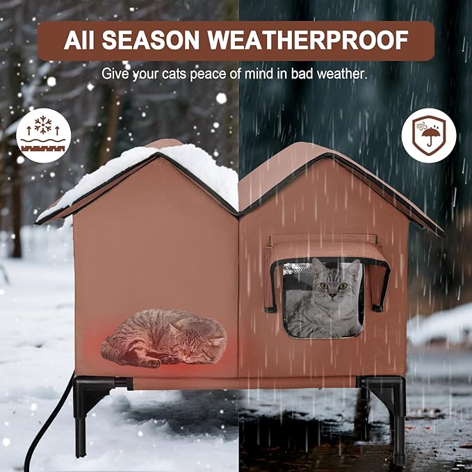 Large Heated Cat House for Outside in Winter, Elevated Waterproof Cat House for Outdoor Cats with Heating Pad, Insulated Heated Outdoor Cat House Weatherproof for Stray Cats Small Dogs (Brown)