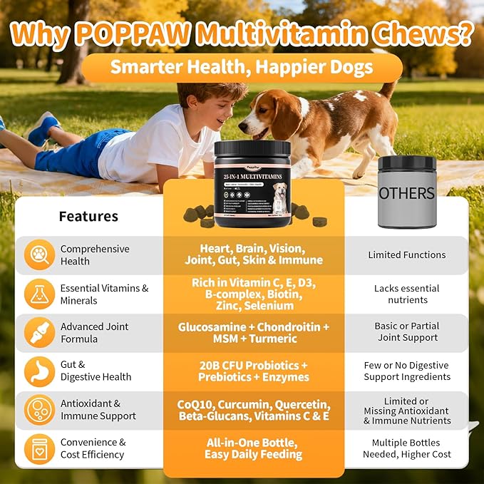 25-in-1 Dog Multivitamin Chews – All-in-One Daily Vitamins & Supplements for Dogs, Joint Support with Glucosamine MSM, Omega-3 Skin & Coat, Gut, Heart & Brain, All Breeds & Ages, Chicken, 90 Ct
