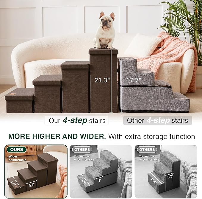 Love's cabin Dog Stairs for Small Medium or Large Dogs with Storage and Adjustable Steps, Foldable Dog Steps for Bed or Couch, 4-Step Coffee Folding Cat Pet Ramp with Zip up to 200 lbs, Coffee