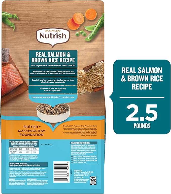 Nutrish Rachael Ray Dry Cat Food Real Salmon & Brown Rice Recipe, 2.5 lb. Bag