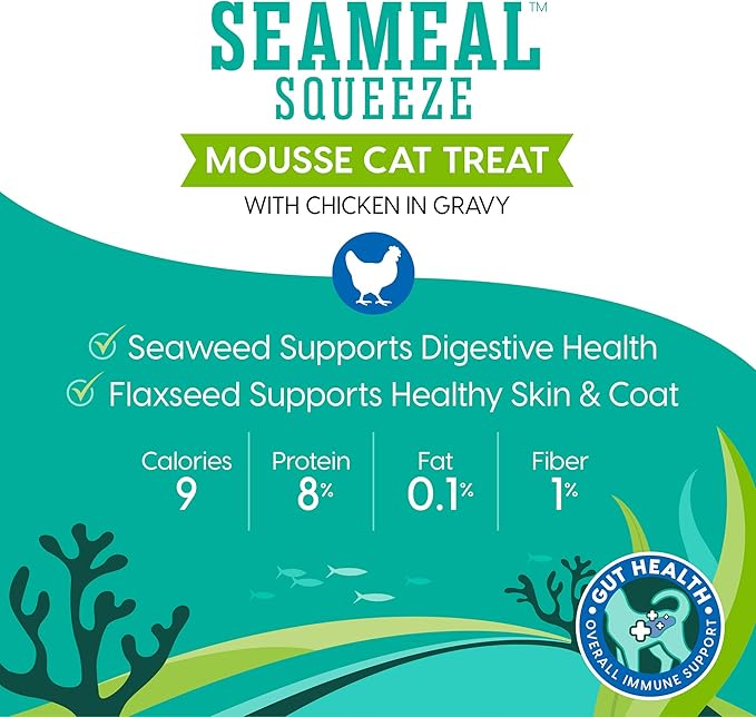 Solid Gold SeaMeal Squeeze Chicken Lickable Cat Treats with Seaweed for Skin & Coat - Wet Cat Treats with Digestive & Immune Health Support - Natural, Holistic, Grain Free (48 Squeezes)