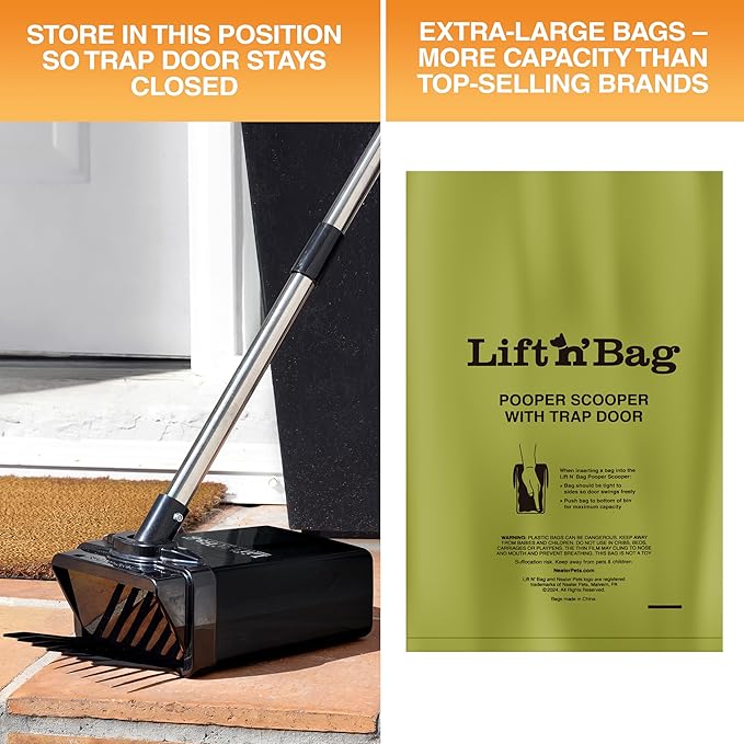 Neater Pet Brands Lift N’ Bag 2.0 Dog Pooper Scooper with Bag Attachment & 22" Pole for Small to Large Dogs, New & Improved Design, 15 Refill Bags, Heavy Duty Dog Poop Scooper for Yard, One-Hand Use