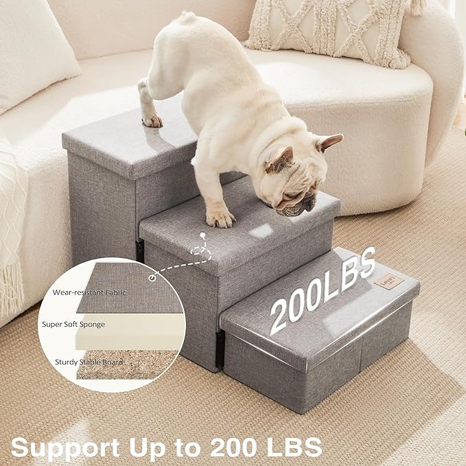 Love's cabin Dog Stairs for High Bed 18" H, Foldable Pet Stairs for Small Medium or Large Dogs Puppy with Storage for Bed or Couch, Cat Dog Steps Ramp with Zip up to 200 lbs, Solid Grey, 3 Steps