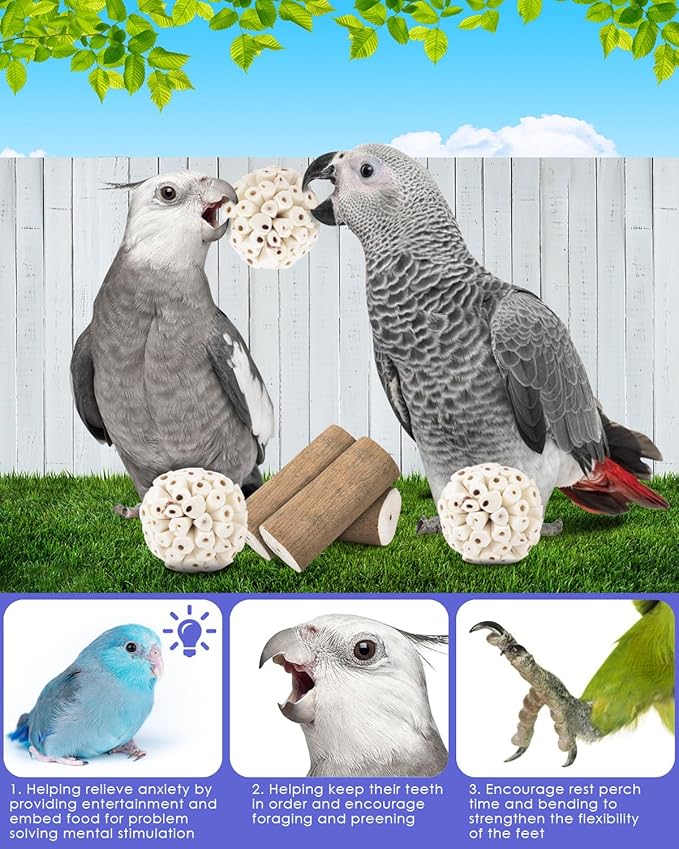 Bissap 7PCS Small Parrot Toys, Natural Sola Balls Bark Sola Sticks Parrot Chew Forage Toy Bird Foot Balls for Cockatiels Conures Cockatoos Parakeets Love Birds Budgie Finch Parrot Cage Bite Toys