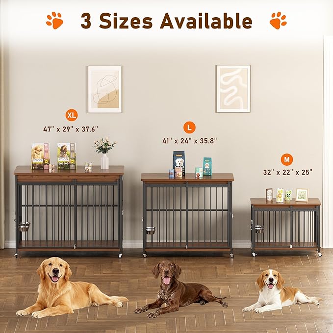 Dog Crate Furniture, 41’’ Wooden Dog Kennel Indoor with Sliding Front Door, Multi-Side Openings & Feeding Window Pet Cage House as TV Stand
