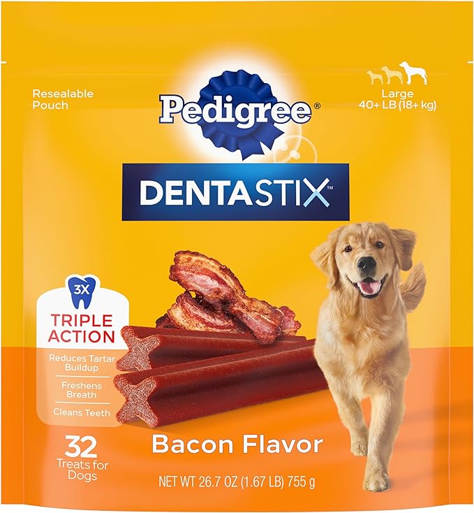 Pedigree Dentastix Dog Dental Treats, Large Breed Dog Treats, Bacon Flavor, 1.67 lb. Bag (32 Treats Total)