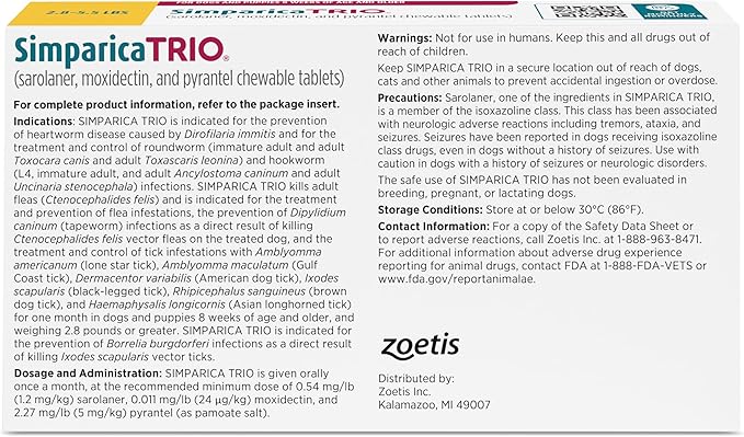 Simparica Trio (sarolaner, moxidectin, and pyrantel chewable Tablets) Chewables for Dogs, 3 mg/tab, 2.8-5.5 lbs, (Gold), 6 Tablets