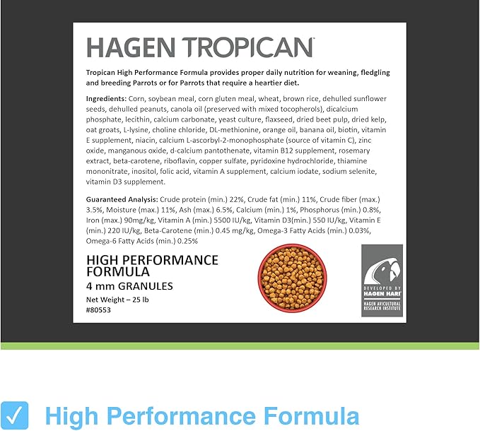Hari Tropican Bird Food, Hagen Parrot Food with Peanuts & Sunflower Seeds, Parrot Granules, High Performance 4 mm, 25 lb Bag