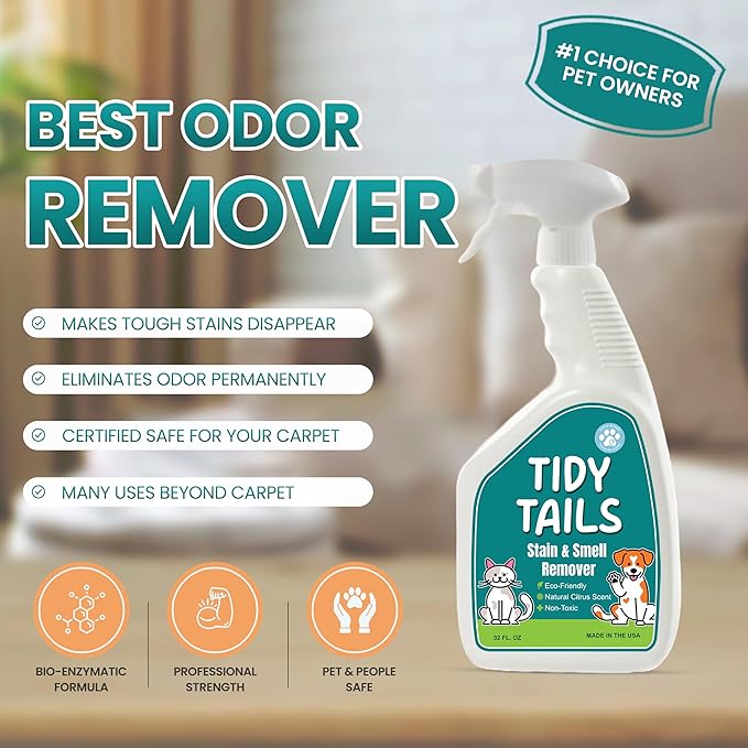Pet Stain & Odor Remover – Enzyme Cleaner for Carpet, Rugs & Furniture – Eliminates Dog & Cat Pee Odors – 32oz Citrus Spray – Safe for Pets & Kids, Made in USA