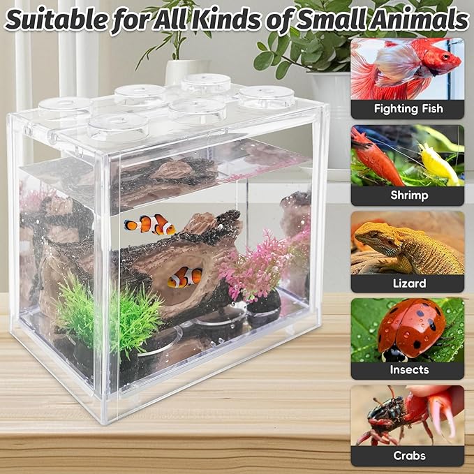 PINVNBY Mini Betta Fish Tank Kit Stackable Small Aquarium Kit 0.6 Gallon Fighting Fish Tank Set with 2Pcs Artificial Plants and Decorations Cave for Small Fish Shrimp Crab Snails Turtle as Decoration