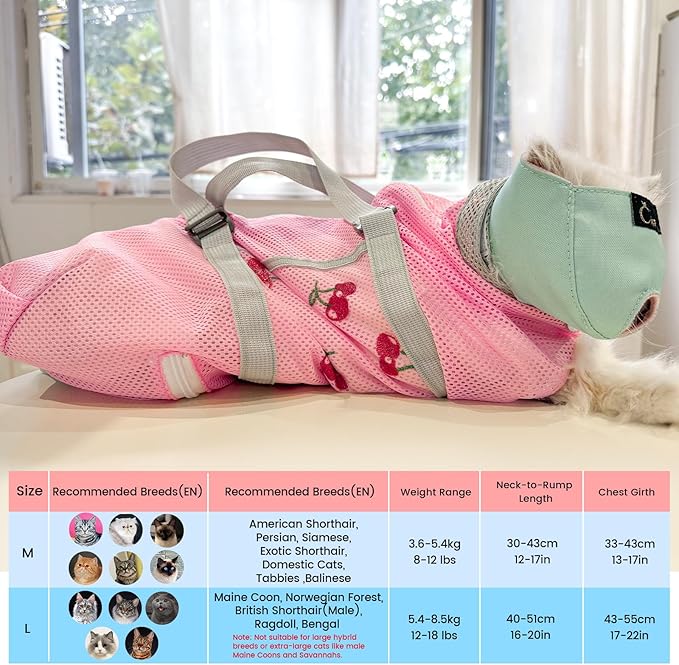 Cinf Cat Bathing Bag(Free Muzzle) Breathable Mesh Anti Scratch Adjustable Cat Grooming Bag for Nail Trimming, Bathing Soft Cat Washing Bag(Pink&Cherry) L
