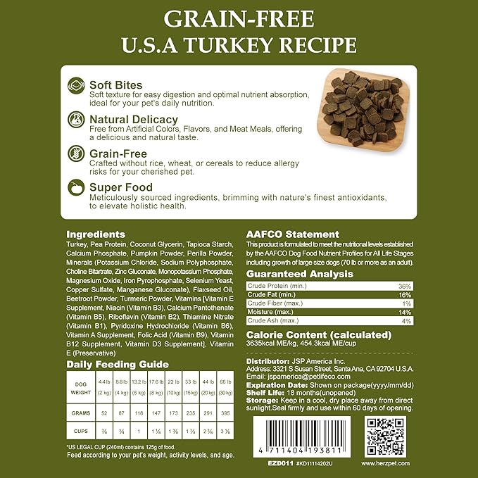 Herz Air-Dried Dog Food, Pup Food for All Life Stages, Ideal for Picky Eaters, Single Pure-Meat, Grain Free, All Natural, High Protein, Limited Ingredients, 2 lb U.S.A Turkey Breast Recipe.