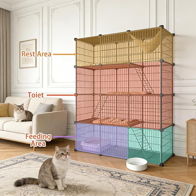Large 4-Tier Cat Cage Indoor, DIY Cat Enclosures Detachable Metal Wire, Indoor Cat Crate Exercise Place Ideal for Kitty, Small Animals (Black, 41" L x 14" W x 55" H, 7)