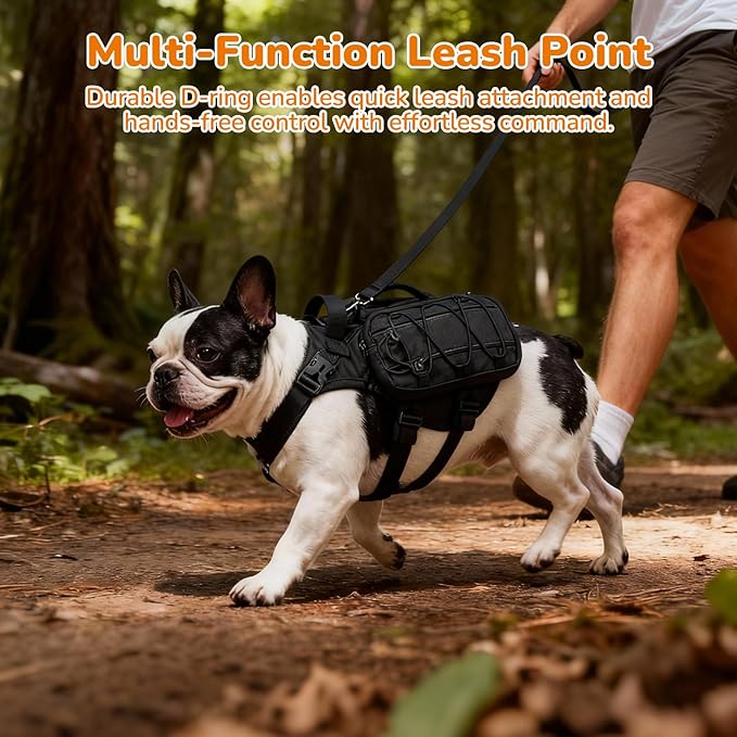 Large Dog Harness Backpack, No Pull Adjustable Dog Vest with Handle & Leash Ring, Lightweight Dog Backpack with Side Pockets for Walking, Training & Day Hikes, Black, L