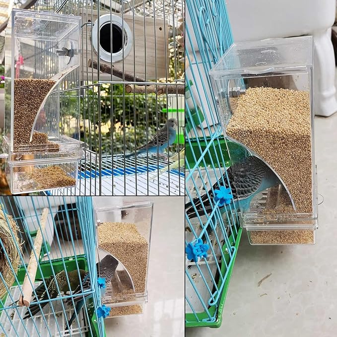 kathson No-Mess Bird Cage Feeder Automatic Parrot Feeders Seeds Container Acrylic Finch Foraging Feeders Parakeet Food Dispenser Cage Accessories for Small Birds Canary Budgie Lovebirds