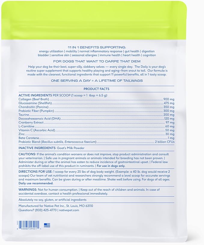 Native Pet Dog Vitamins & Supplements - 11-in-1 Multivitamin Powder for Dogs Food Topper - Collagen, Glucosamine, Probiotics, Omega & More- Supports Healthy Gut, Mobility & Overall Health -120 Scoops