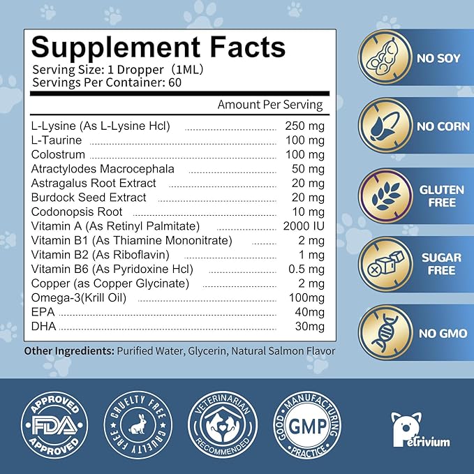 L-Lysine Supplement for Cats - Vitamins & Taurine for Immune Support & Allergy Relief - Lysine for Respiratory, Sneezing, Runny Nose, Eye Function - Natural Cat Antibiotic Drops - 60ML Slamon Flavor