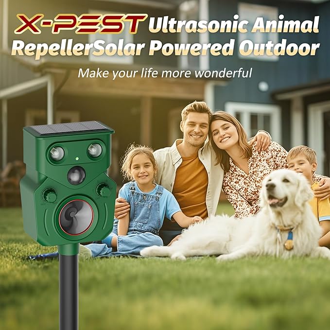 2 Packs Ultrasonic Animal Repeller Solar Powered, Cat Repellent Outdoor with Motion Sensor, Waterproof Deer Repellent Devices with LED Flash Light, Effective Repel Invasive Animals to Protect Yard