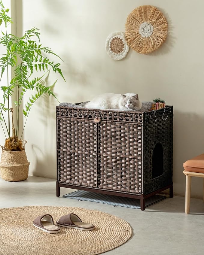 Cat Litter Box Enclosure Furniture, Hidden Handwoven Rattan Litter Box with Mat, Large Cat House with Metal Heightened Feet, 30.3 x 18.3 x 28 Inches, Indoor for Living Room, Bedroom Brown