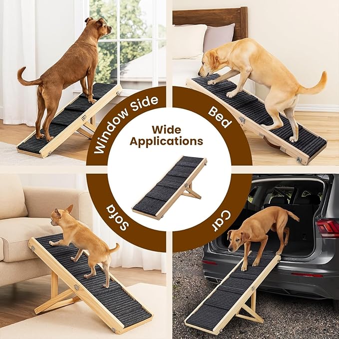 Adjustable Dog Ramp for Bed & Couch, 40.5 Inches Solid Wood Foldable Pet Ramp for All Dogs, Dog Bed Ramp with 5 Heights 10–24 Inches