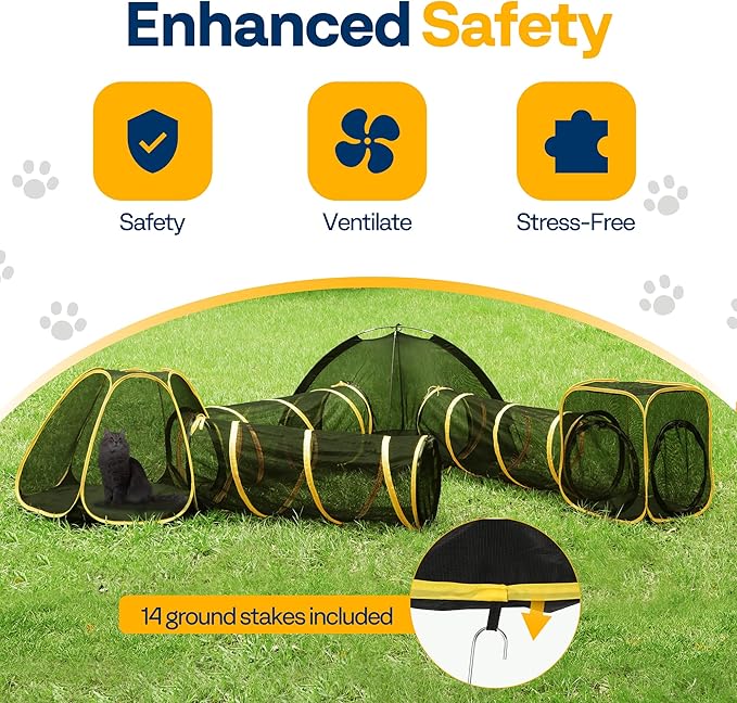 VIVOHOME 6-in-1 Outdoor Cat Enclosure with Playhouse, 2 Tents & 3 Tunnels - Portable Cat Playground with Leash and Mint Ball for Indoor/Outdoor Use, Yard Balcony Camping Safety