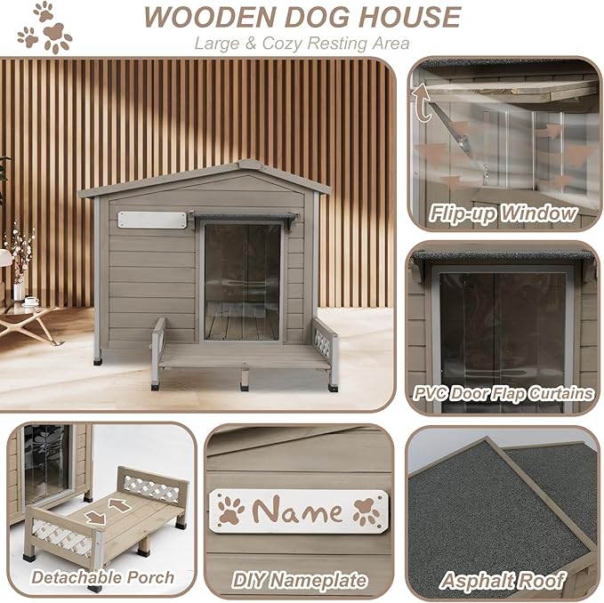 41" L Outdoor Large Dog House with Porch, Removable Floor, Raised Feet, Anti-Chewing Iron Frame - Wooden Kennel with Asphalt Roof, Window for Indoor/Outdoor Use, Ideal for Medium to Large Dogs