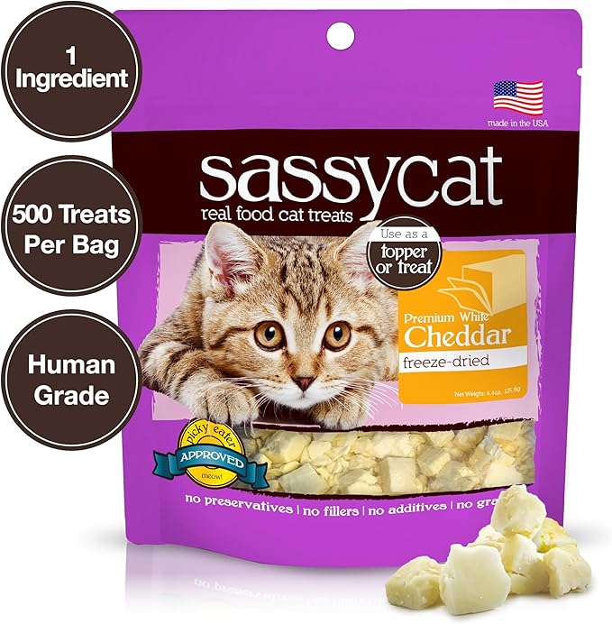 Herbsmith Sassy Cat Treats – Freeze-Dried White Cheddar – Human-Grade Wisconsin Cheese – Natural Snack for Picky Eaters – 1 Ingredient – USA Made – 4.6 oz