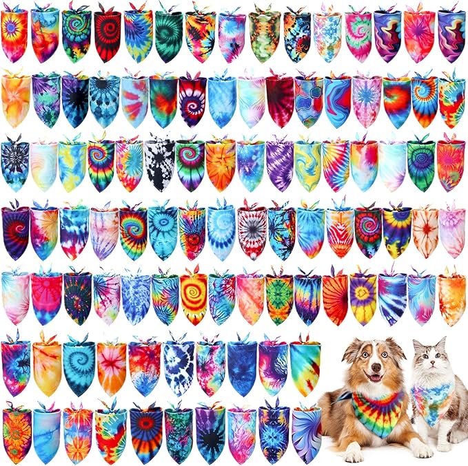 200 Pcs Tie Dye Dog Bandanas Bulk Pet Bibs Colorful Triangle Scarf Tie Dye Pet Bandanas for Medium Large Dogs Spring Summer Birthday Costume Decoration
