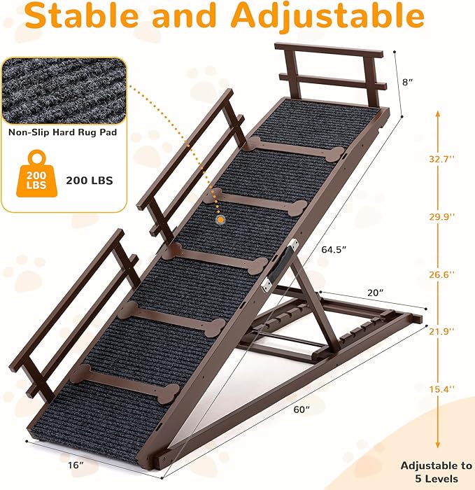 COSIEST Dog ramp for Bed, Wooden Pet Ramp Folding Portable for Couch and Bed, 64.5 Inch Long and Height Adjustable Dog ramp with Anti-Slip Grip & Safety Rails, Up to 200lbs, Brown