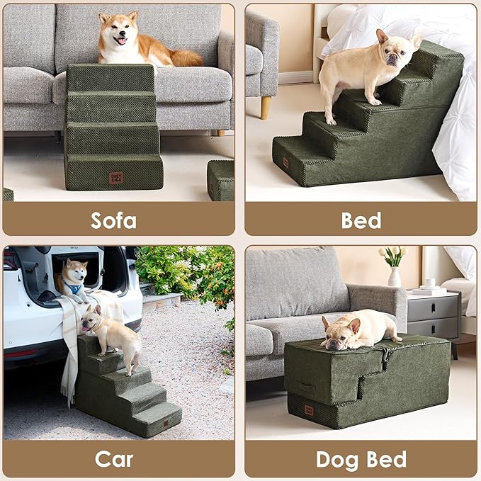EHEYCIGA Dog Stairs for Small Dogs 13.5" H, 3-Step Dog Steps for Couch Sofa and Chair, Pet Steps for Medium Cats, Non-Slip Balanced Pet Ramp Indoor, Military Green