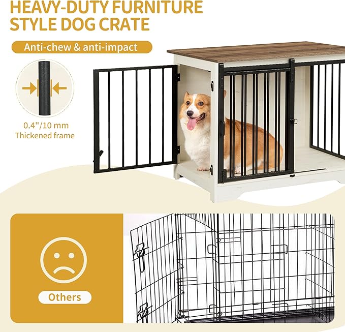31.9" Dog Crate Furniture with Barn Door, Heavy Duty Dog Kennel Indoor with 2 Doors, Wooden Pet Cage End Table for Small Medium Dogs up to 44 lb, Anti-Chew Anti-Escape, White Brown DFC83614B