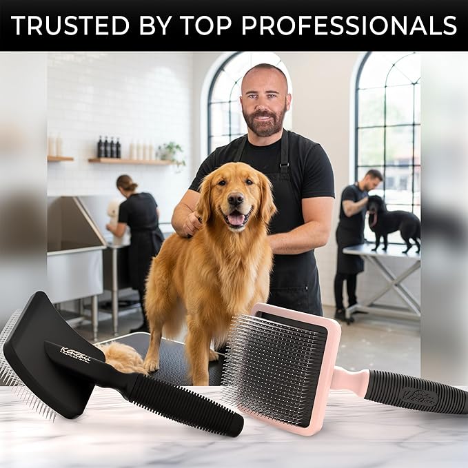 Kenchii Long Pin Slicker Brush for Dogs (Poodles, Doodles, Goldendoodles, Labradoodles), Professional Grooming Brush for Detangling, Fluffing & Dematting, Non-Slip Comfort Handle (Black)