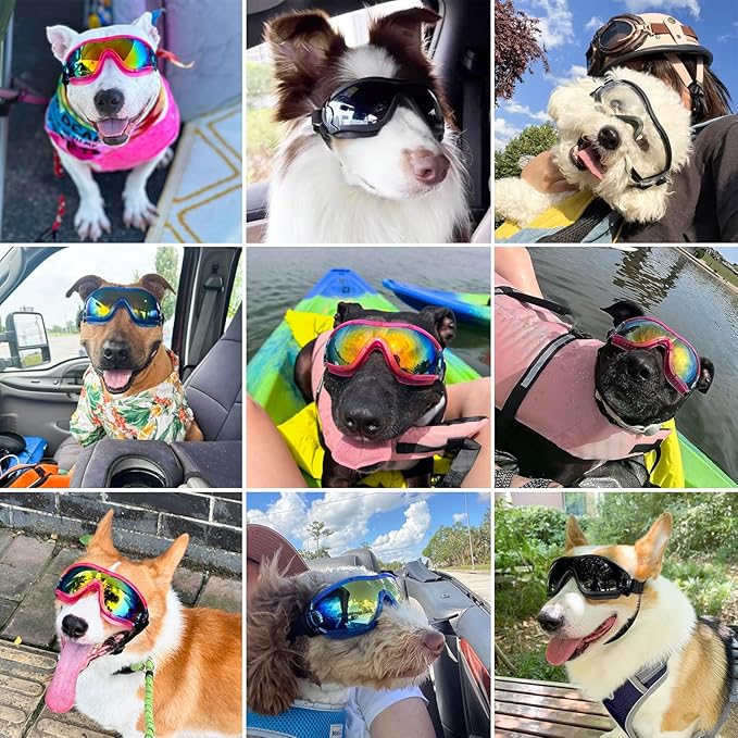 Dog Sunglasses Pet Goggles for Medium Large UV Protection Wind Protection Dust Protection Adjustable Strap Dog Glasses Suitable for Snow Beach Motorcycle (Pink Frame Transparent)