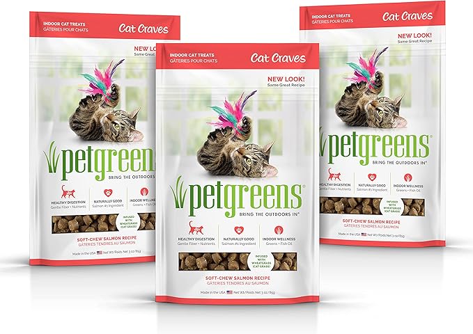Pet Greens Soft-Chew Indoor Cat Treats Infused with Cat Grass - 3 Pack Salmon 3oz per Pack