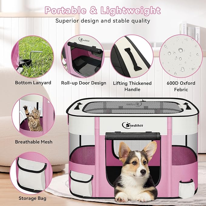 Dog Playpen,Cat Pet Puppy Pen,Portable Playpens for Dogs Indoor Outdoor Travel Camping Use,Foldable Dog Kennel Tent Crate for Rabbit Small Animals with Carrying Case (Pink, Large)