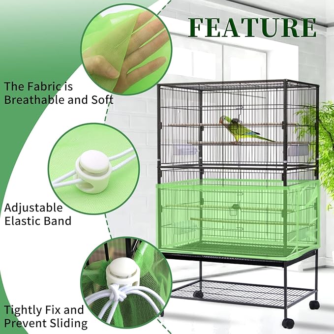 Daoeny 2Pcs Large Bird Cage Cover, Bird Cage Seed Catcher, Adjustable Soft Airy Nylon Mesh Net, Birdcage Cover Skirt Seed Guard for Parrot Parakeet Macaw African Round Square Cages (Blue + Green)