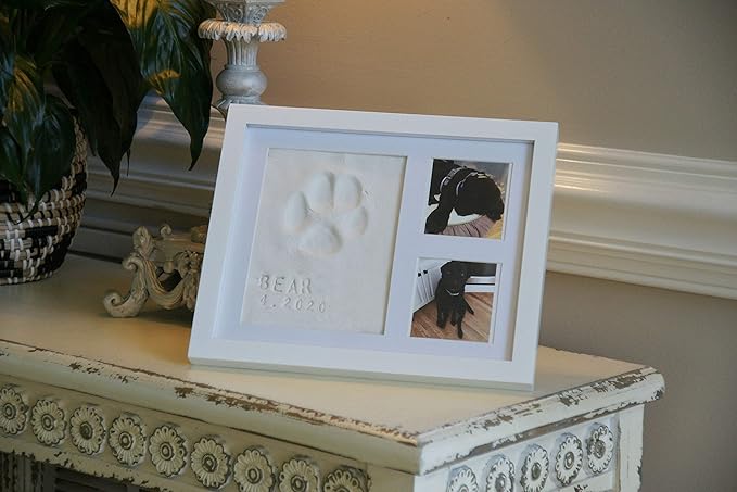 Ultimate Dog or Cat Paw Print Keepsake Kit & Picture Frame - Premium Wooden Photo Frame, Clay Mold for Pet Pawprint & Bonus Stencil. Makes a Personalized Gift for Pet Lovers and Memorials (White)