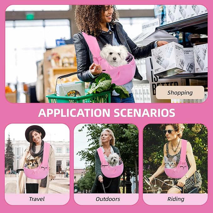 Adjustable Dog Carrier Sling - Hand-Free Dog Carriers for Small Dogs and Cats, Puppy Sling Carrier with Zipper Purse Pocket, Travel Safety Harness, Puppy Essentials (Pink)