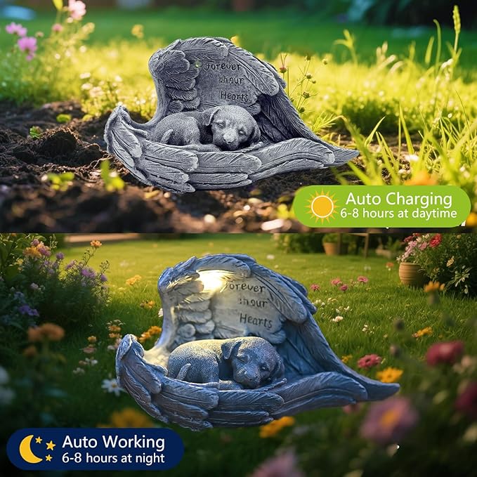 VEEKI Dog Memorial Gifts for Loss of Dog, Peaceful Sleeping Solar Angel Dog Statue Outdoor Waterproof, Resin Dog Figurine Pet Memorial Stone for Garden Grave Markers, Loss of Pet Sympathy Gift (Dog)