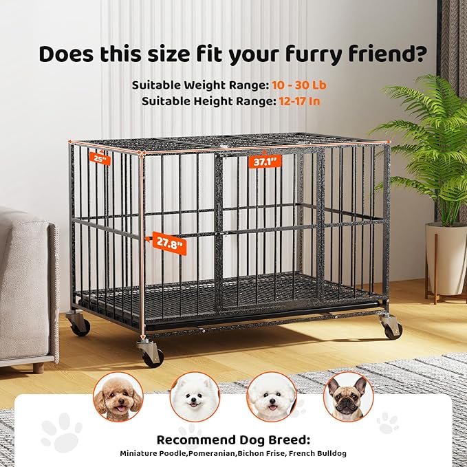 38 Inch Heavy Duty Dog Crate, Indestructible Escape-Proof Dog Kennel for High Anxiety Large Dogs, Strong Metal Pet Cage with Double Doors, Lockable Wheels & Removable Tray, XL XXL XXXL