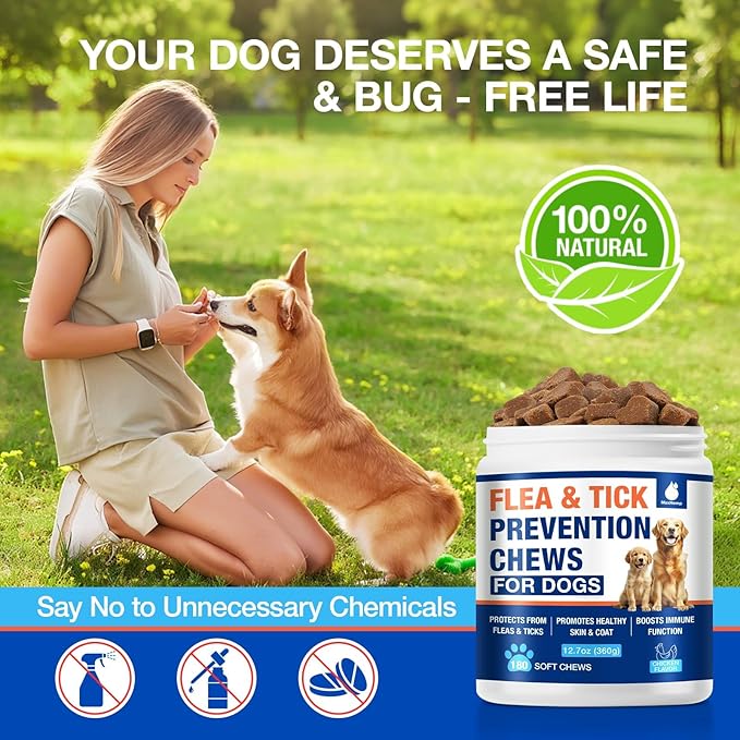 Flea and Tick Prevention for Dogs Chewables-180 Cts, Natural Dog Flea and Tick Treatment, Oral Flea Pills for Dogs Puppy, Skin & Coat Support Supplement, Soft Chews, Chicken Flavor