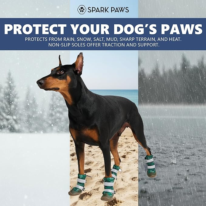 Spark Paws Dog Shoes, Waterproof Dog Boots for Medium to Large Dogs, Non Slip, Breathable Dog Booties and Paw Protectors - 4PCS Doggie Hiking Boots with Reflective Straps, Green Camo, Size 8