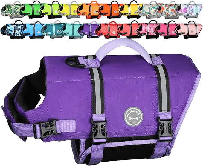 VIVAGLORY Rip Stop Dog Life Vest, Swimming Vest with Handle, Buoyancy for Doggy Puppy, Dog Life Jacket for Swimming & Boating, L, Purple