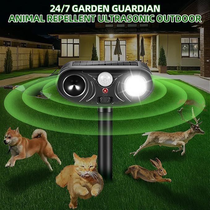 2026 Upgraded Solar Ultrasonic Animal Repellent Deer Cat Squirrel Deterrent Devices Motion Activated with LED Strobe Light Repeller Keep Dog Raccoon Skunk Rabbit Away from Yard Garden Farm 4 Pack