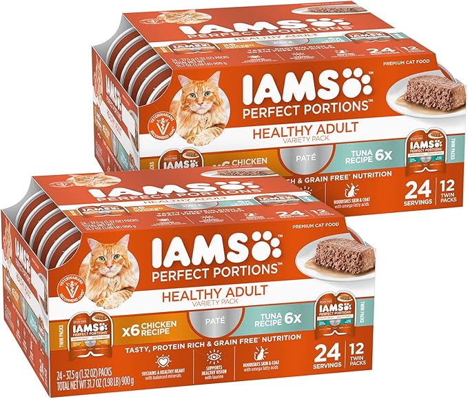 IAMS Perfect Portions Sensitive Digestion & Skin Wet Cat Food Pate, Healthy Adult Grain Free Pate, Chicken and Tuna Recipe, 2.6 oz. (24 Twin Packs)